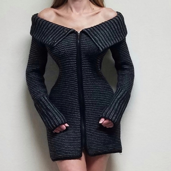 VINTAGE Italian Avante Garde Wool Alpaca Striped Knit Off-Shoulder Sweater Dress - Picture 2 of 15